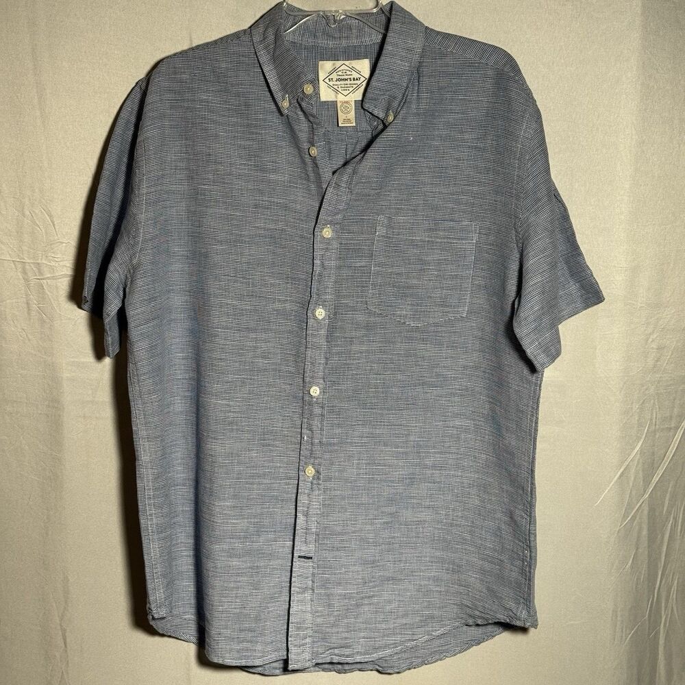 St John’s Bay Linen Blend Shirt L Blue Short Sleeve Button Front Casual Summer
